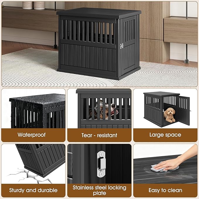 Bifanuo Dog House 30-Inch Dog Crate Furniture, Heavy Duty Dog Crate for Small Dog, Lockable Indoor Outdoor Dog Kennel & End Table, Decorative Plastic Pet Cage (Black)