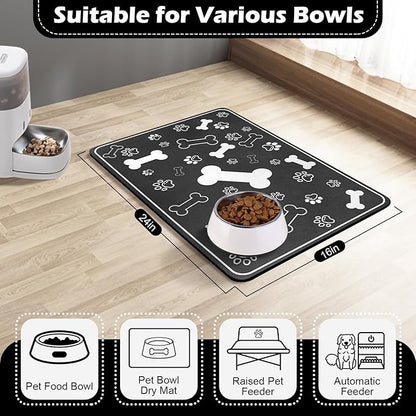 Pet Feeding Mat,Rapid Absorbent Mats for Dog Cat Food, Dog Placemat Water Bowl Mat with Rubber Backing,Messy Drinkers to Protect Floors, Pet Accessories 16"×24" Black