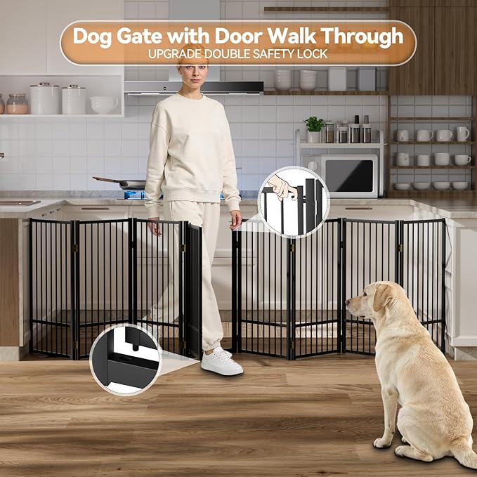 SNUOWU Full Metal Freestanding Dog Gate with Door, 36''Height Foldable Pet Dog Fence for Indoor & Outdoor, 8 Panels Extra Wide Free Standing TallDog Gates for Doorways,House,Stairs,Porch,Deck,Yard