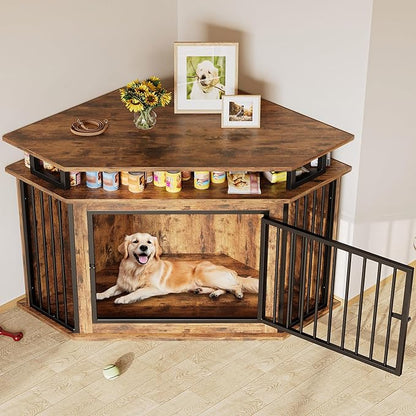 IRONCK Corner Wooden Dog Crate Furniture with 2-Tier Shelves, Pet Kennel for Large Dogs, Space-Saving Dog Cage for TV Stand, Rustic Brown (26.7" L x 51.2" W x 33.5" H)