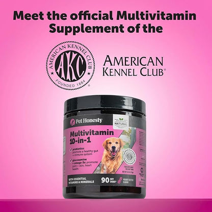 10-in-1 Dog Multivitamin Supplement with Glucosamine & Probiotics - Hip & Joint Support, Digestive Health, Immune Support, Heart & Skin - All-in-One Daily Vitamins & Omega-3s (Peanut Butter, 90 ct)
