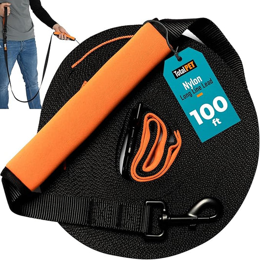 100ft Long Leash for Dogs - Long Line Dog Leash for Training Recall/Commands at Distance - Nylon, Heavy Duty - Ideal for Large & Small Breeds