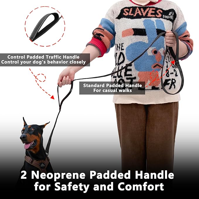 Dog Leash 6.5ft Long, Double Handle Dog Leash for Safety Control Training, Heavy Duty Dog Leads with Traffic Padded Handles, Reflective Leashes for Small Medium Large Dogs(6.5ft, Black)