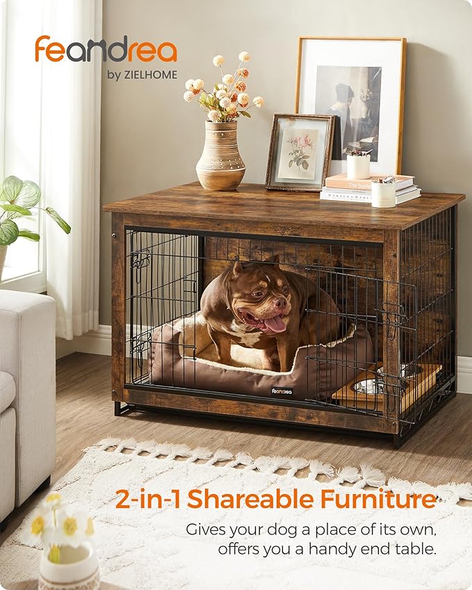 Feandrea 38.6" Dog Crate Furniture, Indoor Dog Cage Side End Table, XL Pet Wood Kennel for Large and Medium Dogs up to 70 lb with Multi-Purpose Removable Tray, Double-Door Pet House, Rustic Brown
