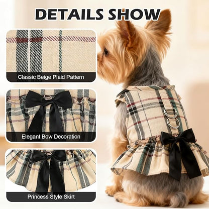 EXPAWLORER Dog Harness Small Medium Sized Dogs, Plaid Dog Dress Bowknot Harness and Leash Set, No Choke No Pull Soft Mesh Vest Cute Princess Puppy Outfits Clothes Costume for Girls Party Cats Beige S
