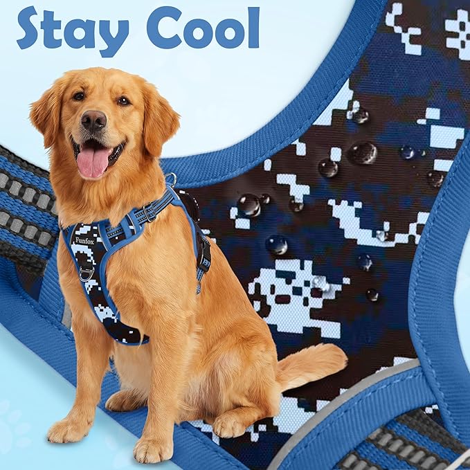Funfox Dog Harness No Pull, Adjustable Pet Vest Harness, Super Soft Material with Vertical Handle Easy Control, Reflective Night Walking, 2 Leash Clips for Large Dogs, Mosaic Blue, L