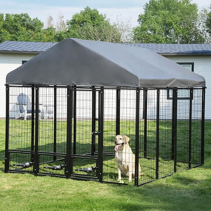 Large Outdoor Dog Kennel with Roof, 7.9×7.9×6.6FT Heavy-Duty Dog Cage with 3 Swivel Feeding Bowls, Double Doors, Anti-Rust Metal Dog Run for All-Weather Protection
