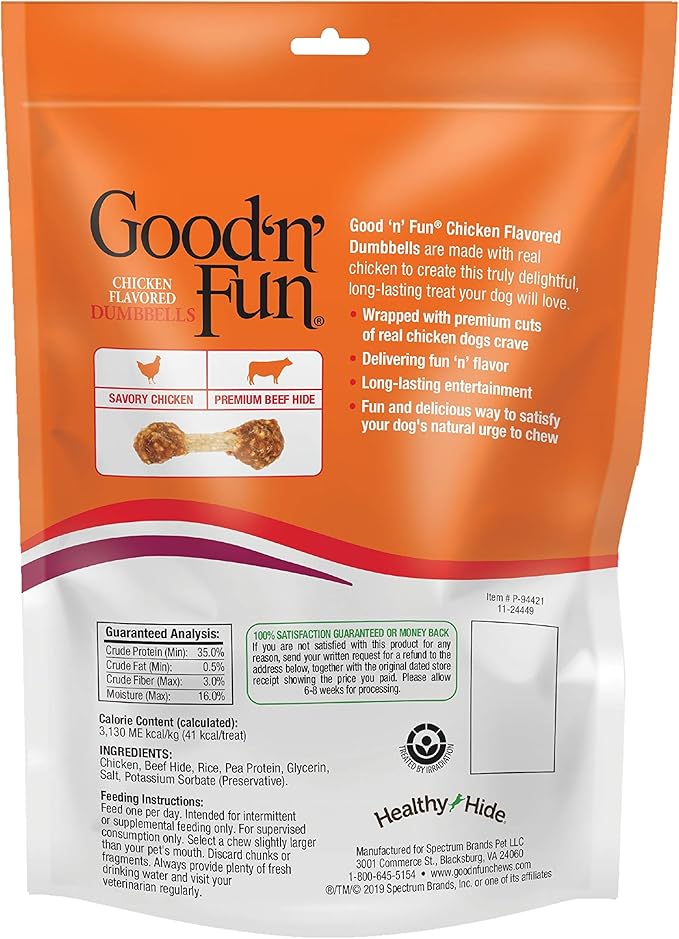 Good ’n’ Fun Chicken Flavored Dumbbells 4 Ounces, Rawhide Snacks for Small Dogs