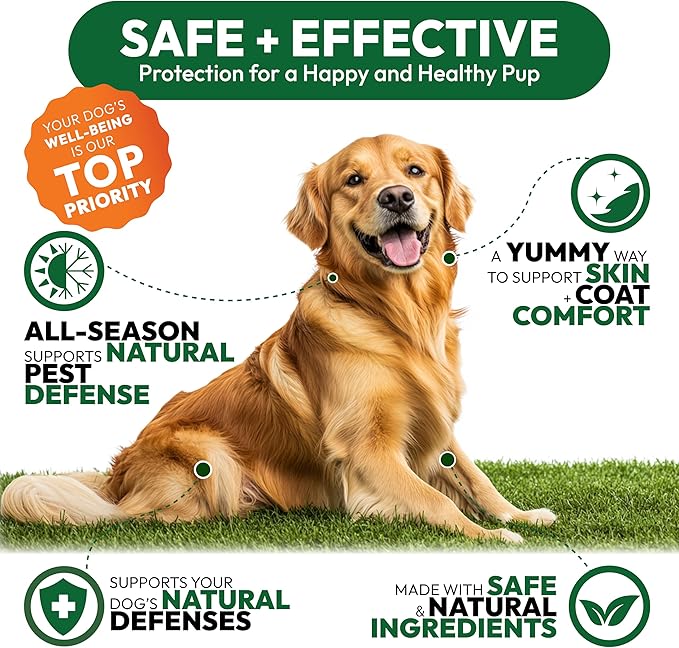 Flea and Tick Prevention for Dogs Pills - 250 Soft Chews - Natural Dog Flea & Tick Control - Oral Defense Treatment for Dogs Supplement - Vet Formulated Chews - All Breeds & Ages - Made in USA