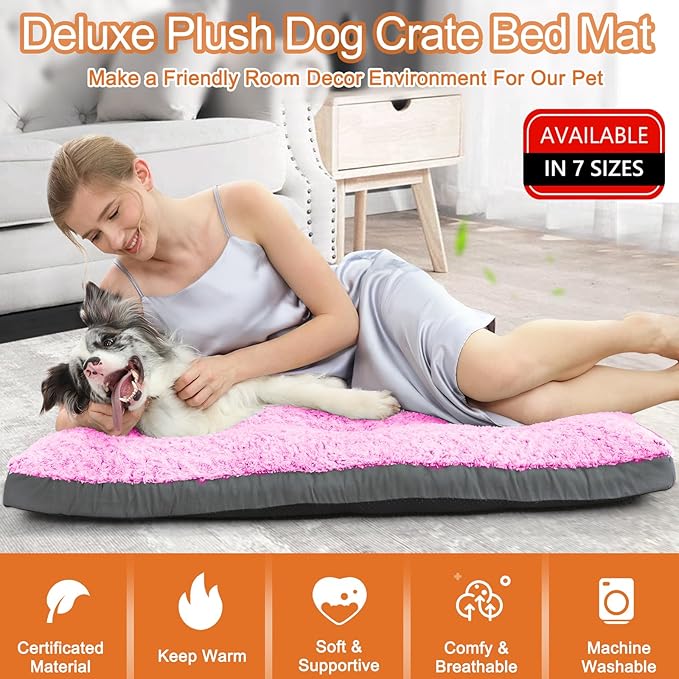 POCBLUE Washable Dog Beds for Crate, Small Plush Pet Mat for Cages, Anti-Slip Crate Pad for Outdoor/Indoor/Car Use, Comfy & Soft Kennel Pad for Dogs and Cats Up to 25 lbs, 23"x17", Pink