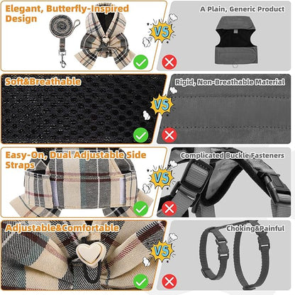 KOOLTAIL Small Dog Harness and Leash Set, Cute Puppy Vest Harnesses with Bowtie, Step in No Pull Soft Mesh Padded Adjustable Plaid Pet Harness for Extra-Samll Medium Dogs Cats, Boy Girl, XS S, Beige M