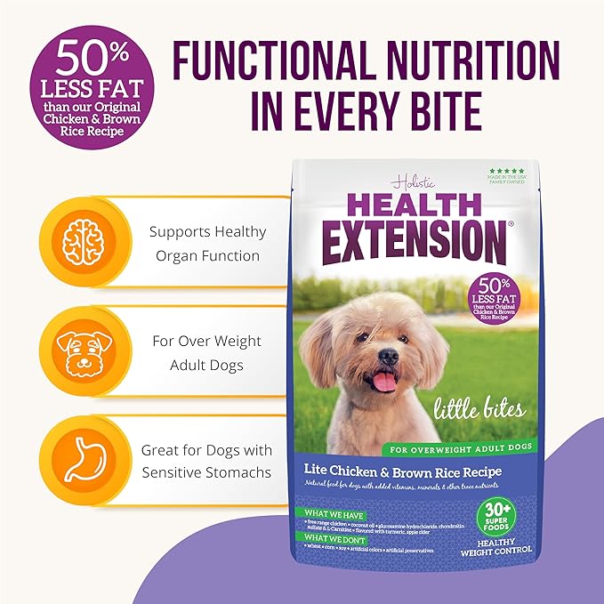 Health Extension Little Bites LITE Dry Dog Food, Chicken & Brown Rice for Toy and Small Breeds, Supports Healthy Weight, Digestion, Coat & Joint Health with Probiotics & Superfoods, 15 lb Bag