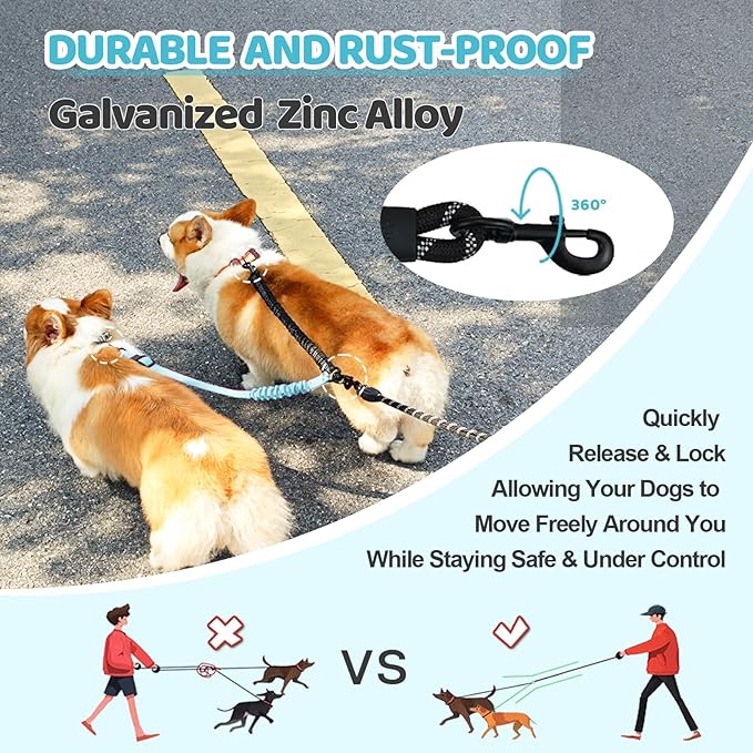 Double Dog Leash - 360°Swivel Tangle Free Splitter Attachment, 1 Rope with Handle, 2 Dogs Multi-Functional Leash, for Outdoor Walk Train Small Medium Large Two Pet, Lake Blue