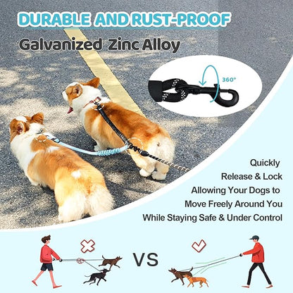 Double Dog Leash - 360°Swivel Tangle Free Splitter Attachment, 2 Dogs Multi-Functional Leashes, Dual Rope for Outdoor Walk Train Small Medium Large Two Pet, Lake Blue
