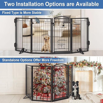 36" Tall Metal Freestanding Dog Gate with Cat Door for Indoor&Outdoor,80" Extra Wide Foldable Pet Gate,Foldable Indoor Dog Fence for Wide Openings Stairs,Deck,Yard,Doorways(4 Panels,Black)