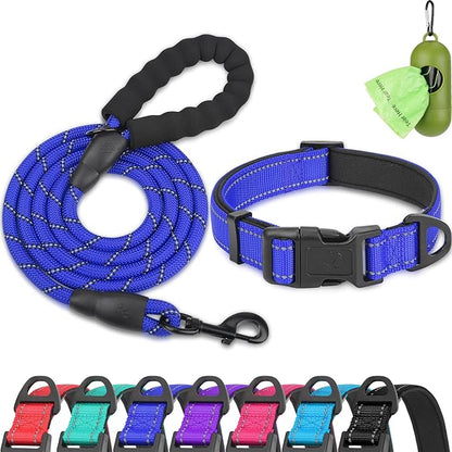 Dynmeow Reflective Dog Collar and Leash Set, 6FT Strong Climbing Rope Leash with Padded Handle, Adjustable Pet Collar with Soft Neoprene Padding for Small Medium Dogs, Navy-Blue, S