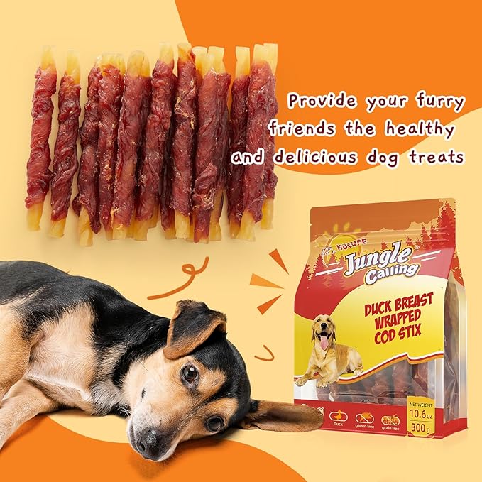 Jungle Calling Duck Wrapped Cod Sticks Dog Treats, Rawhide Free Training Rewards Snacks for Dogs, Natural Chewy Sticks Treats, 10.6oz (Pack of 2)