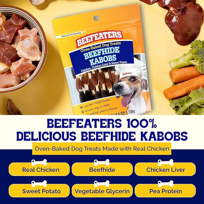 Beefeaters Triple Flavor Beefhide Kabobs 40oz, Dog Treats with Real Chicken, Liver & Sweet Potato – Long-Lasting Dog Kabob Treats for Chewing, Dental Support*, Flavor-Packed Treats - Training Rewards