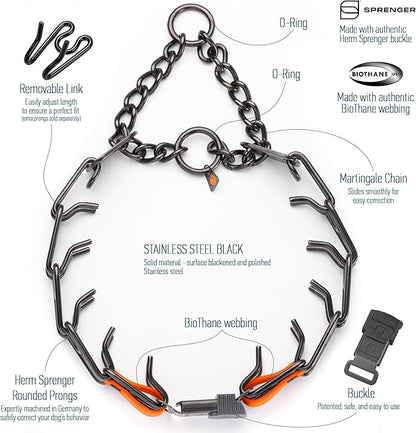 Herm Sprenger Black Stainless Steel Dog Collar with Quick Release ClicLock Buckle O-Ring Biothane Insert Training Collar Made in Germany (Hunter Orange, 25in x 4.0mm(Neck Size up to21-22in))