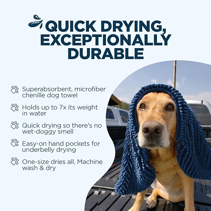 Soggy Doggy Super Shammy Dog Towel – Absorbent Microfiber Chenille Pet Towel for Drying Wet Dogs, Muddy Paws, Quick Dry Dog Shammy with Hand Pockets, Machine Washable – Navy Blue, 31” x 14”