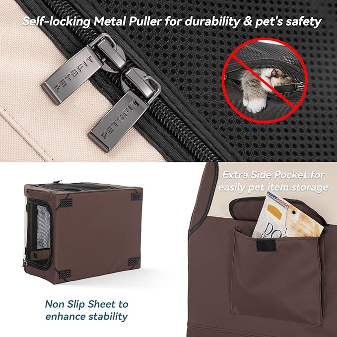 PETSFIT Soft Sided Dog Crate, Portable Dog Crate- 30 Inch Sturdy Adjustable Structure, Easy to Set Up, Collapsible Dog Car Crate, Light Tough with 3 Mesh Doors Brown