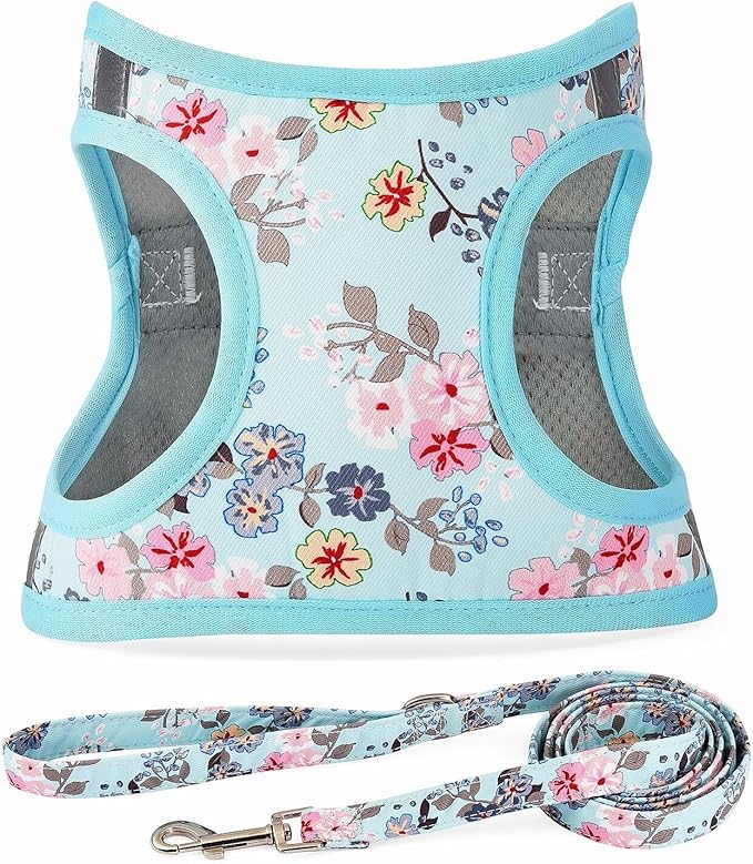 Moonpet Step in Dog Harness Leash Set- All Weather Reflective No-Pull Floral Pattern Padded Mesh Vest Harness for Cats Puppy Extra-Small Small Medium Large Dogs - Bell Orchid - XS