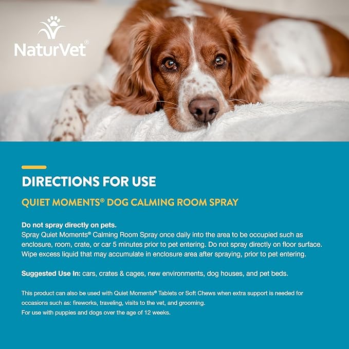 NaturVet Quiet Moments Herbal Calming Room Spray Dog Supplement - Ideal for Cars, Dog Crates, New Environments - Helps Reduce Pet Stress, Storm Anxiety, Motion Sickness - 8 Oz.