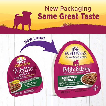 Wellness Petite Entrees Shredded Medley Small Breed Adult Wet Dog Food, Grain Free, Natural, Roasted Chicken, Beef, Green Beans, and Red Peppers, 3 oz, Pack of 12 Cups