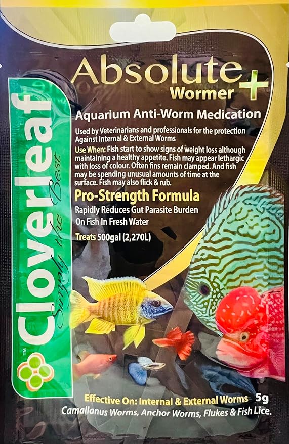 Absolute Wormer Plus (5g) Fish wormer Powder, Rapidly Reduces Gut Parasite Burden. Aquarium Anti-wormer. Effective Against flukes, Worms, parasites, and Fish lice. Internal and External parasites