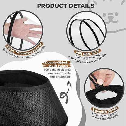 Soft Dog Cone for Dogs After Surgery,Transparent Breathable Dog Cone Collar for Small Large Medium Size Dog,Adjustable Depth Pet Recovery Collars,Elizabethan Collar for Dogs Stop Licking (Black-M)