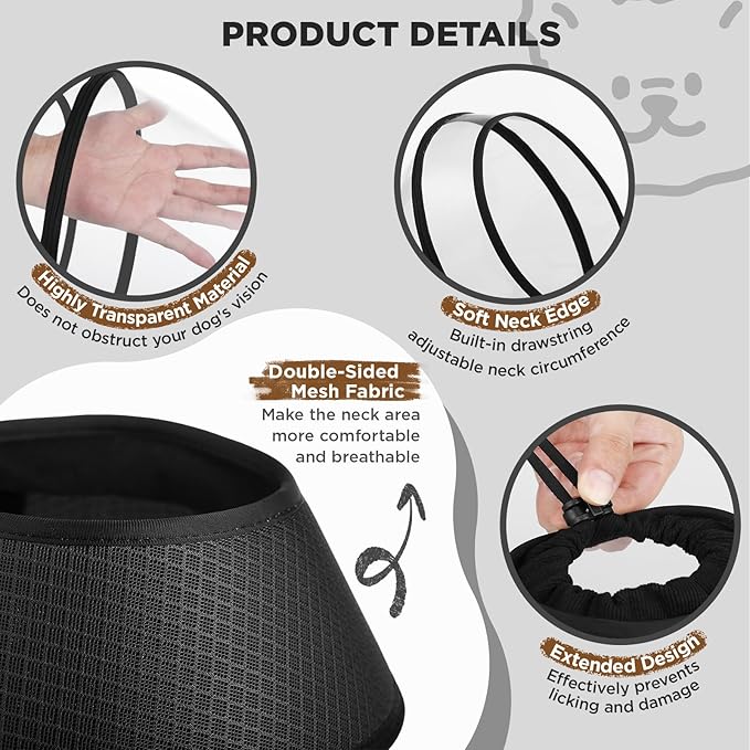 Soft Dog Cone for Dogs After Surgery,Transparent Breathable Dog Cone Collar for Small Large Medium Size Dog,Adjustable Depth Pet Recovery Collars,Elizabethan Collar for Dogs Stop Licking (Black-XXL)