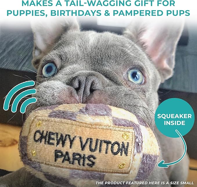Haute Diggity Dog Chewy Vuiton Ball Plush Squeaky Dog Toy, Soft Durable Designer-Inspired Stuffed Puppy Chew Toys for Small & Medium Dogs, Machine-Washable (Tan Checker) Small