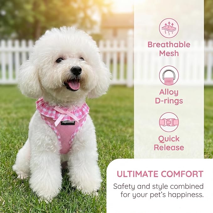 SuperBuddy Upgraded Soft Mesh Dog Harness, Super Breathable Lightweight Pet Harnesses for Puppy Dogs Outdoor Walking, Pink Dog Harness and Dog Leash Set Packing -Large
