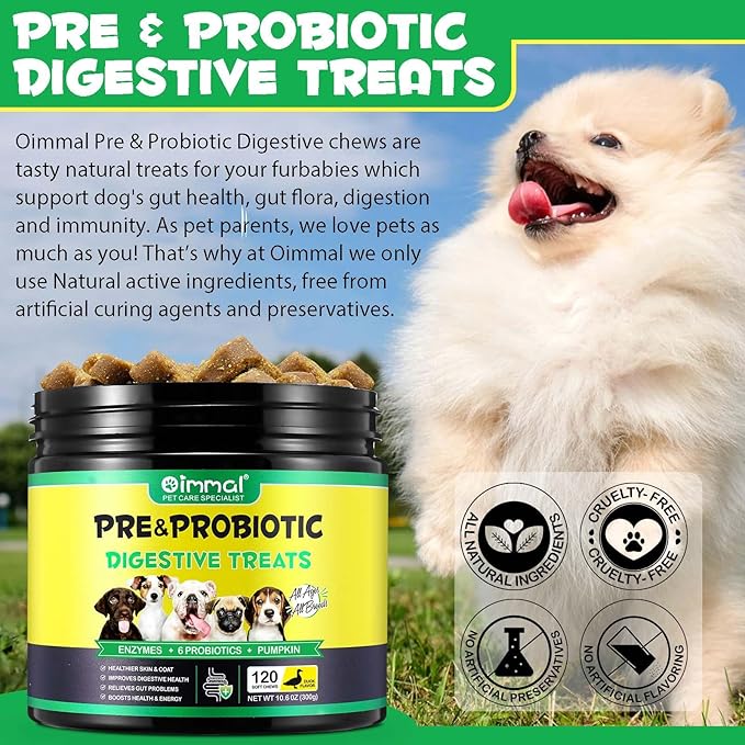 Probiotics for Dogs - Pre & Probiotic Digestive Treats for Dog, Support Gut Health, Seasonal Allergies, Itchy Ears, Dog Supplement Soft Chews, Immune Function Support for Dogs - 120pc/Duck Flavor