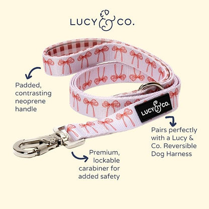 Lucy & Co. Designer Dog Leash - Pet Accessories - Thick Dog Leash - Padded Handle for Comfort - Ballet Bows - 5 Foot (White & Pink Bows, Large)