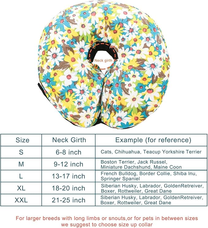 Protective Inflatable Collar for Dogs and Cats - Soft Pet Recovery Collar Does Not Block Vision, Prevents Pets from Touching Stitches, Wounds and Rashes (Floral - 2, Neck 6" - 8")