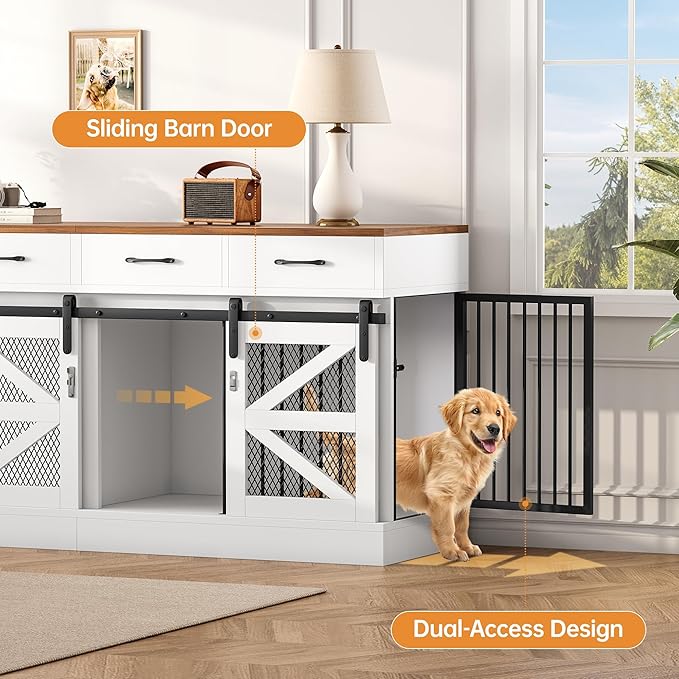 Dog Crate Furniture with Removable Divider & 4 Storage Drawers - 71" Large Wooden Dog Kennel Indoor End Table for 2 Dogs, Multi-Functional Dog Cage Furniture for Medium & Large Dogs