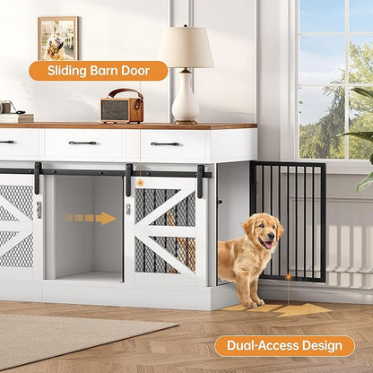 Dog Crate Furniture with Removable Divider & 4 Storage Drawers - 71" Large Wooden Dog Kennel Indoor End Table for 2 Dogs, Multi-Functional Dog Cage Furniture for Medium & Large Dogs