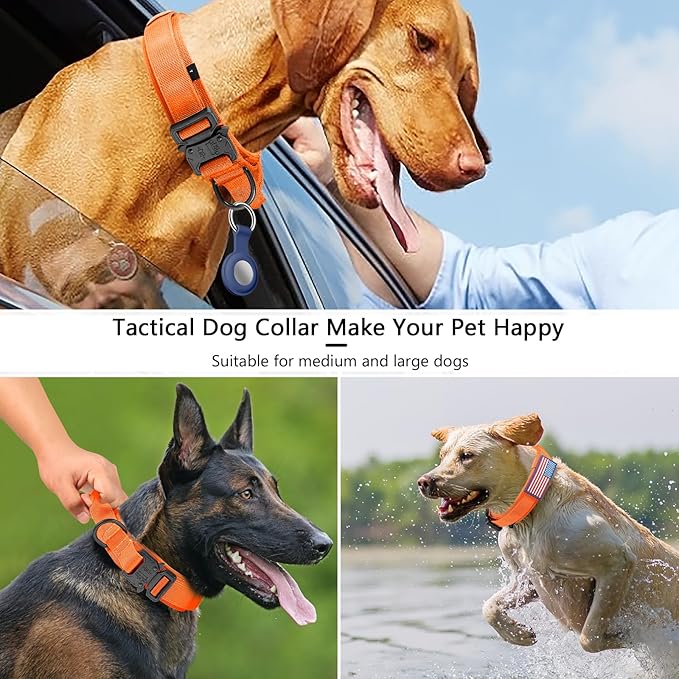 DAGANXI Tactical Dog Collar, Adjustable Military Training Nylon Dog Collar with Control Handle and Heavy Metal Buckle for Medium and Large Dogs, with Patches and Airtags Case (Orange, M)