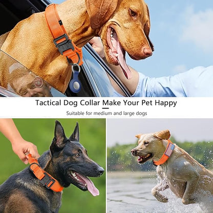 DAGANXI Tactical Dog Collar, Adjustable Military Training Nylon Dog Collar with Control Handle and Heavy Metal Buckle for Medium and Large Dogs, with Patches and Airtags Case (Orange, M)