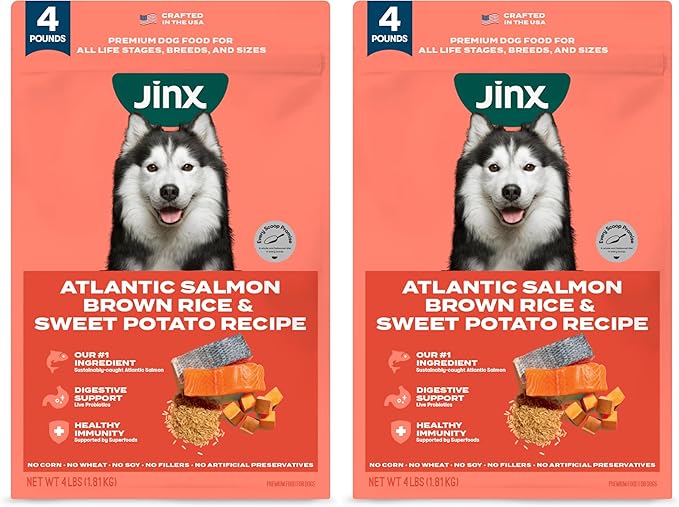 Jinx Premium Dry Dog Food, for All Life-Stages - Real Salmon, Brown Rice & Sweet Potato Kibble with Superfoods for Immune Support & Probiotics for Digestive Support - No Fillers – 4lb (Pack of 2)