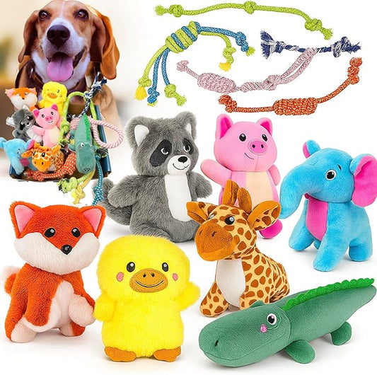 Jalousie Multipack Dog Squeaky Toys Bulk Bundle Pup Toy - Puppy Toys for Pets for Small Medium Breed (12 Pack Rope and Plush Animals)