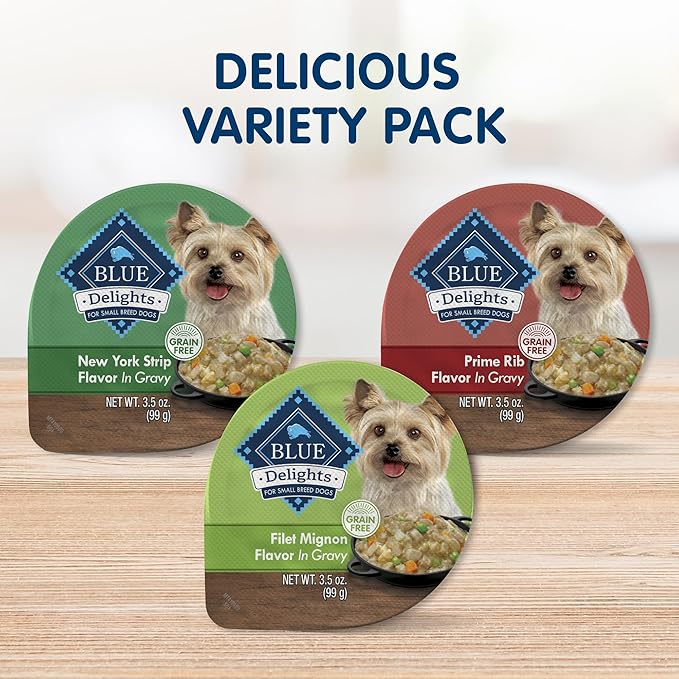 Blue Buffalo Delights Natural Adult Small Breed Wet Dog Food Cups, in Gravy, Prime Rib, NY Strip, and Filet Mignon 3.5-oz (24 Pack- 8 of Each Flavor)