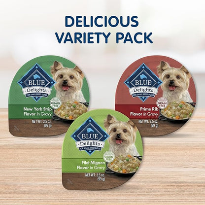 Blue Buffalo Delights Natural Adult Small Breed Wet Dog Food Cups, in Gravy, Prime Rib, NY Strip, and Filet Mignon 3.5-oz (24 Pack- 8 of Each Flavor)