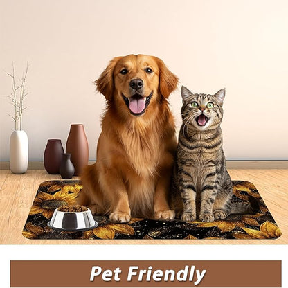 Sunflower Vintage Pet Feeding Mat,Absorbent Quick-Dry Cat Dog Food and Water Bowl Mats, Non-Slip Rubber Backing Mat,Cat Dog Accessories Supplies 16"x24"