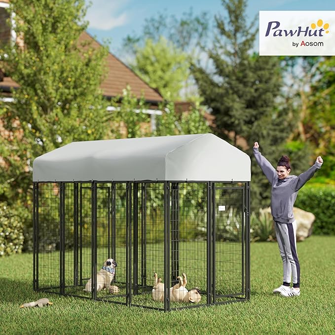 PawHut Outdoor Dog Kennel with 2 Rooms, 8' x 4' x 6' Heavy Duty Welded Wire Dog Playpen Enclosure with Escape-Proof Lock, UV-Resistant & Waterproof Cover, for Large Dogs, Chickens, Ducks, Silver
