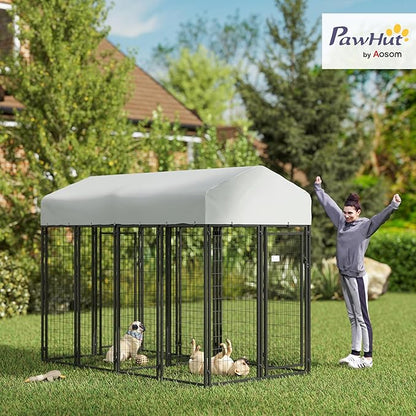 PawHut Outdoor Dog Kennel with 2 Rooms, 8' x 4' x 6' Heavy Duty Welded Wire Dog Playpen Enclosure with Escape-Proof Lock, UV-Resistant & Waterproof Cover, for Large Dogs, Chickens, Ducks, Silver