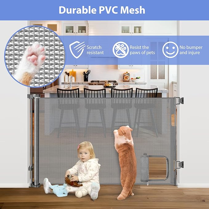 Retractable Baby Gates with Cat Door 80" Wide Retractable Dog Gate with Pet Door Outdoor Retractable Gate for Dogs Retractable Pet Gate with Door Mesh Baby Gate Retractable Mesh Dog Gate (Gray)