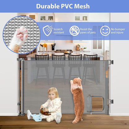 Retractable Baby Gates with Cat Door 80" Wide Retractable Dog Gate with Pet Door Outdoor Retractable Gate for Dogs Retractable Pet Gate with Door Mesh Baby Gate Retractable Mesh Dog Gate (Gray)
