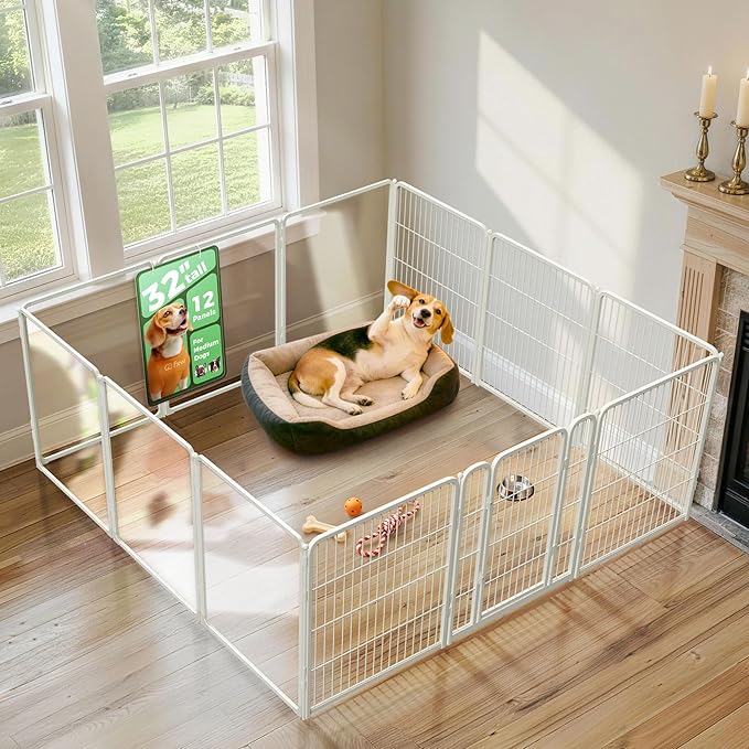FXW AuraSpace Pro Acrylic & Wire Mesh Indoor Dog Playpen, 32" Height 12 Panels Metal Dog Pen for Small and Medium Dogs, White│Patented